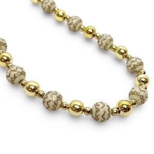 Vintage Beaded Necklace Cream Shiny Gold Tone Ball Beads Zigzag Acrylic 24 Inch